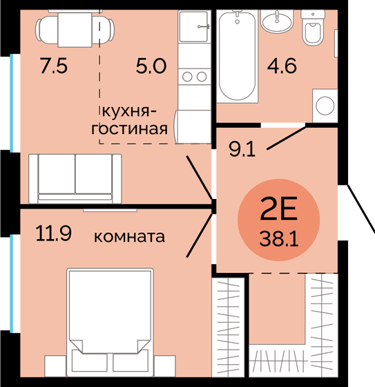 38,1 м², 2-комнатная квартира 4 850 000 ₽ - изображение 1