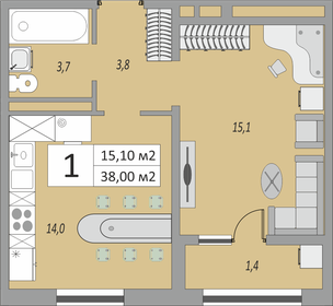 38 м², 1-комнатная квартира 2 894 080 ₽ - изображение 3