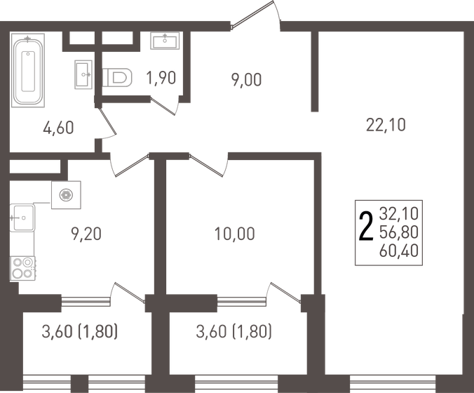 60,4 м², 2-комнатная квартира 7 610 400 ₽ - изображение 10
