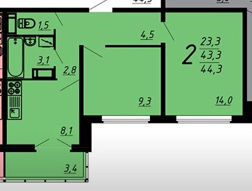 Квартира 43,3 м², 2-комнатная - изображение 1