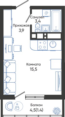 24,2 м², квартира-студия 6 396 060 ₽ - изображение 1