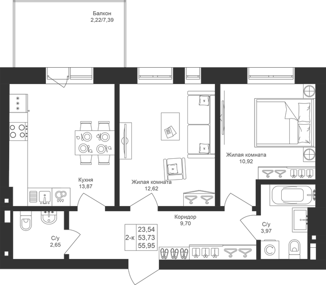 56 м², 2-комнатная квартира 9 119 850 ₽ - изображение 1