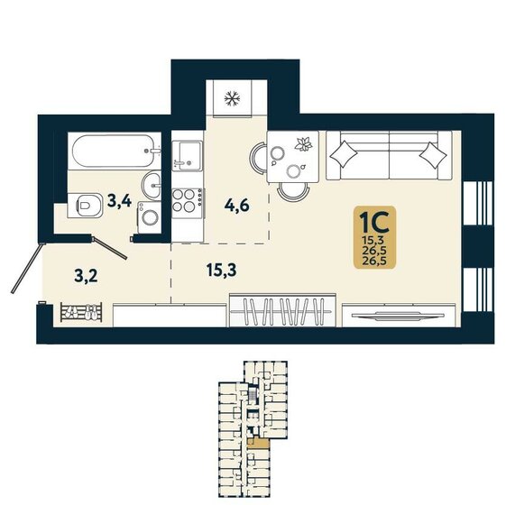 26,5 м², квартира-студия 4 862 800 ₽ - изображение 1