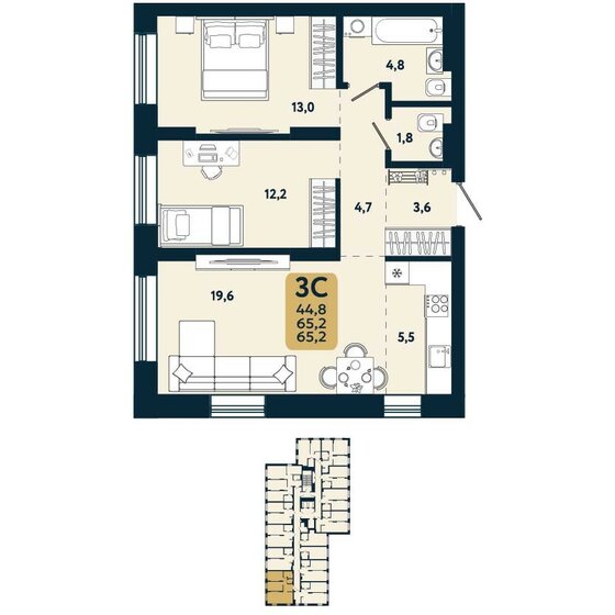 65,2 м², 3-комнатная квартира 9 392 100 ₽ - изображение 1
