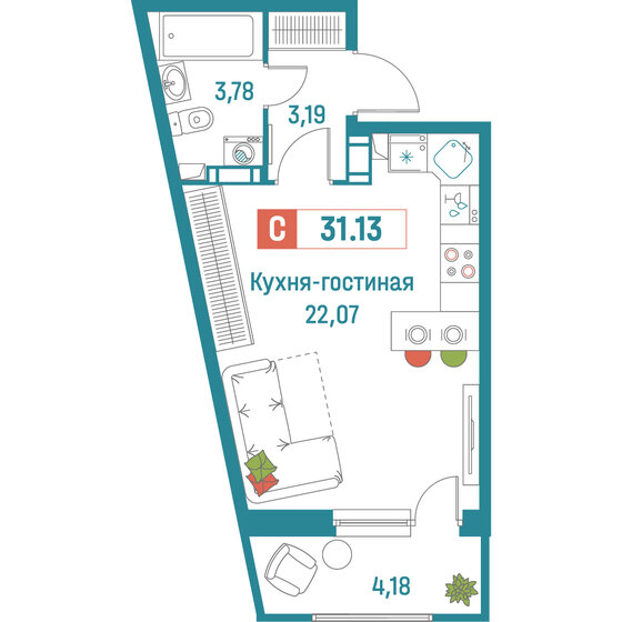 31,1 м², квартира-студия 6 135 723 ₽ - изображение 1