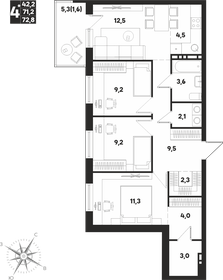 Квартира 72,8 м², 4-комнатная - изображение 1