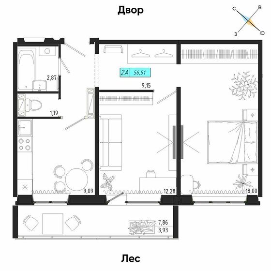 56,5 м², 2-комнатная квартира 6 964 555 ₽ - изображение 1