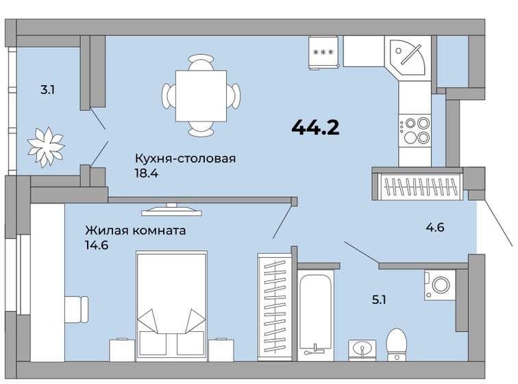 44,2 м², 1-комнатная квартира 6 851 000 ₽ - изображение 1