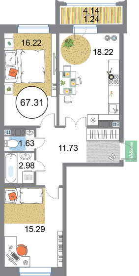 67,3 м², 2-комнатная квартира 18 597 752 ₽ - изображение 1