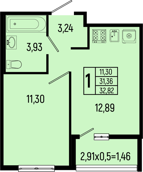 32,8 м², 1-комнатная квартира 9 189 600 ₽ - изображение 1