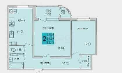 Квартира 62,3 м², 2-комнатная - изображение 1