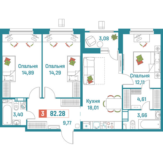 82,3 м², 3-комнатная квартира 15 937 636 ₽ - изображение 1