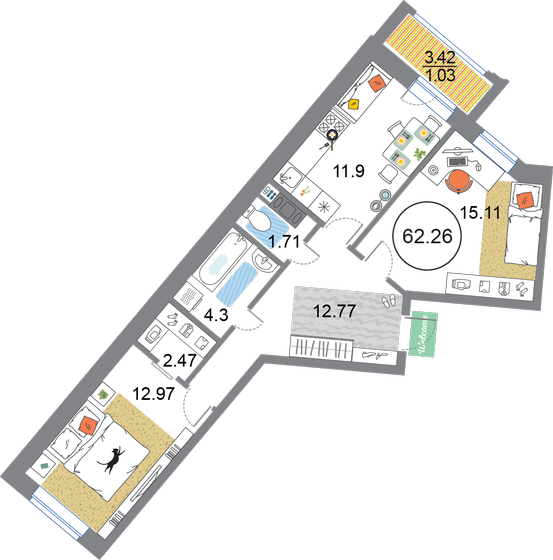 62,3 м², 2-комнатная квартира 17 202 438 ₽ - изображение 1