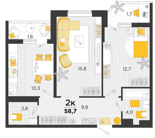 58,2 м², 2-комнатная квартира 7 100 000 ₽ - изображение 64