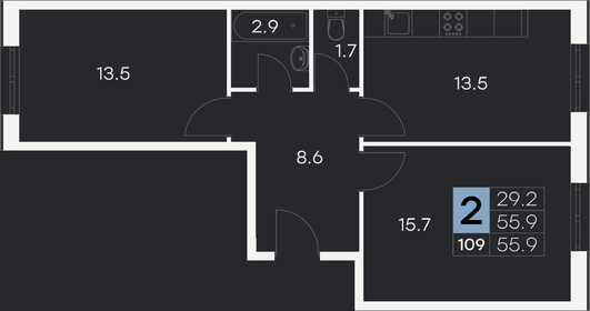 Квартира 55,9 м², 2-комнатная - изображение 1