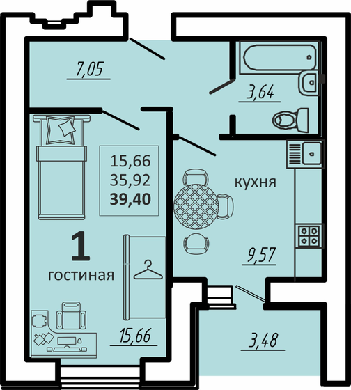 39,4 м², 1-комнатная квартира 3 500 000 ₽ - изображение 1