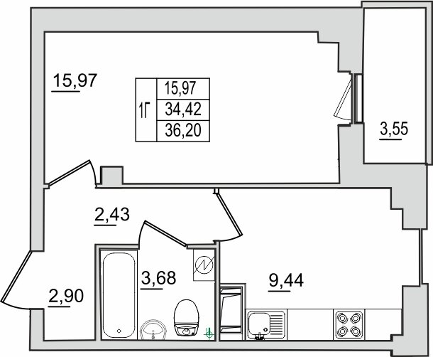 36,2 м², 1-комнатная квартира 2 823 600 ₽ - изображение 1