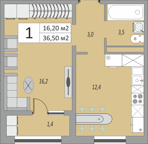 36,5 м², 1-комнатная квартира 2 779 840 ₽ - изображение 1