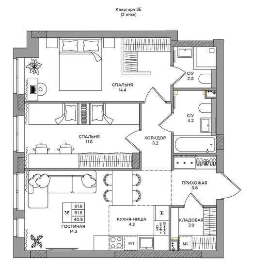 61,6 м², 3-комнатная квартира 13 164 000 ₽ - изображение 1