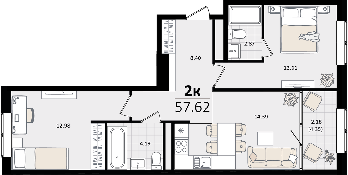 57,6 м², 2-комнатная квартира 15 885 834 ₽ - изображение 1