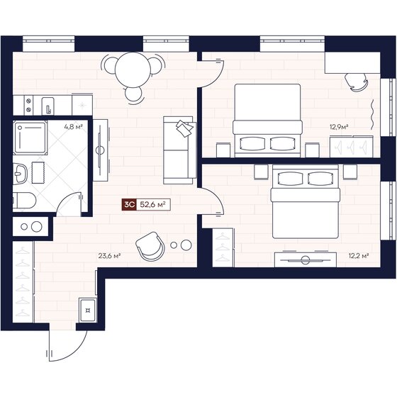 52,6 м², 3-комнатные апартаменты 7 600 000 ₽ - изображение 1