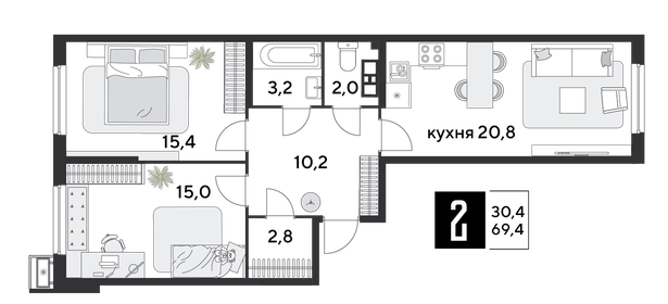 69,2 м², 2-комнатная квартира 11 791 679 ₽ - изображение 12