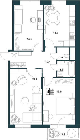 80,9 м², 3-комнатная квартира 7 677 000 ₽ - изображение 1