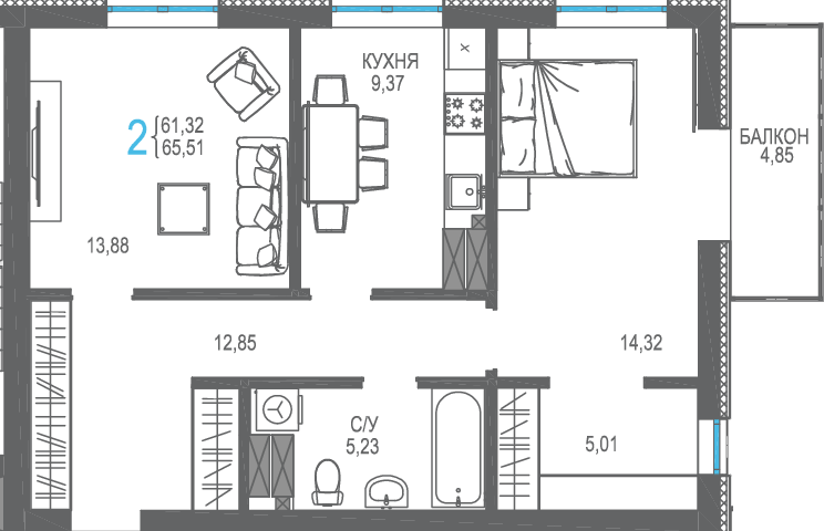 65,5 м², 2-комнатная квартира 13 757 100 ₽ - изображение 1
