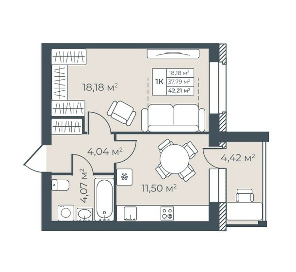 42,2 м², 1-комнатная квартира 3 498 647 ₽ - изображение 1