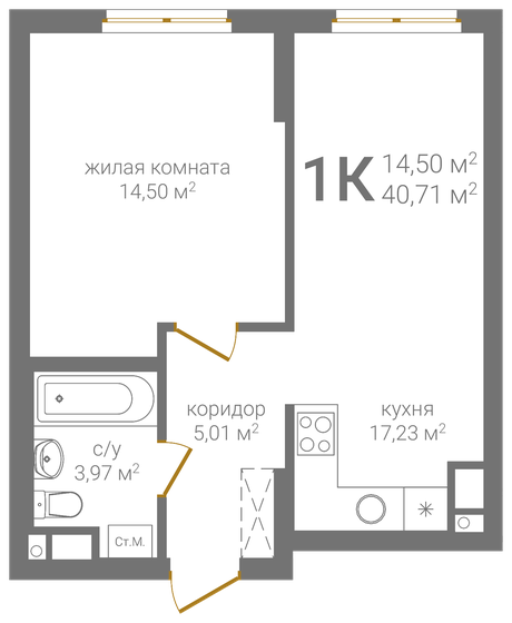 40,7 м², 1-комнатная квартира 10 543 890 ₽ - изображение 1