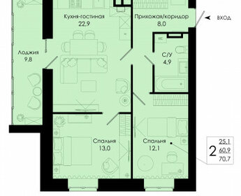 Квартира 70,7 м², 2-комнатная - изображение 1