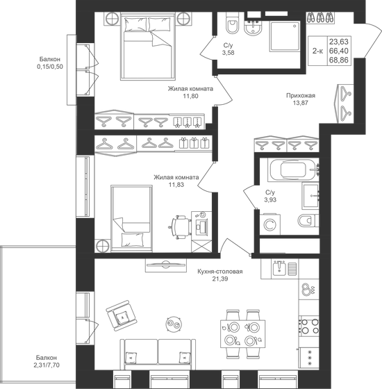68,9 м², 2-комнатная квартира 9 089 520 ₽ - изображение 1