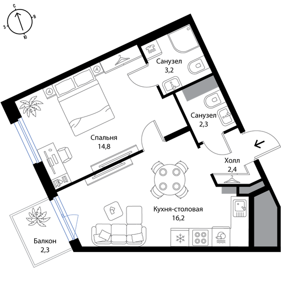 39,6 м², 2-комнатная квартира 6 969 600 ₽ - изображение 1