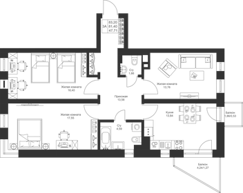 Квартира 83,2 м², 3-комнатная - изображение 1