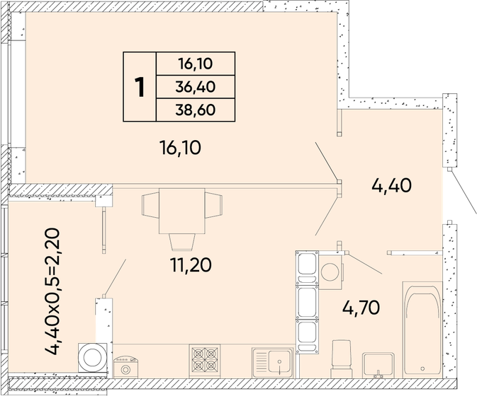 38,6 м², 1-комнатная квартира 4 836 580 ₽ - изображение 1