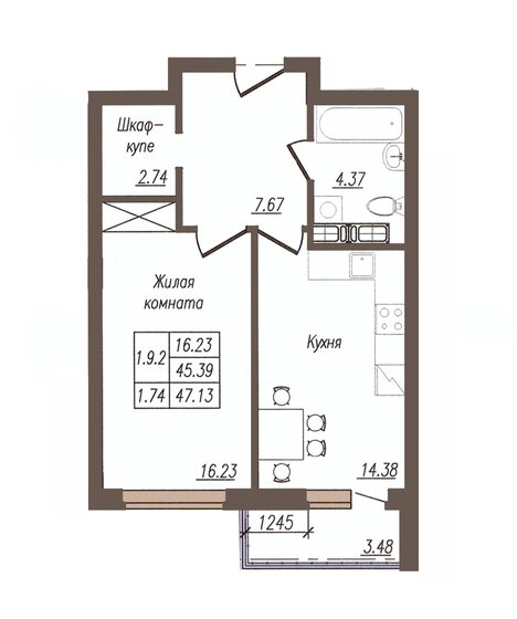 47,1 м², 1-комнатная квартира 4 469 338 ₽ - изображение 1