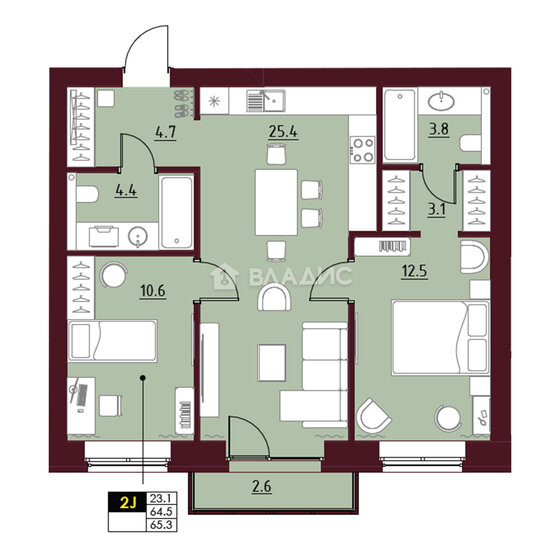 65,3 м², 2-комнатная квартира 8 157 000 ₽ - изображение 41