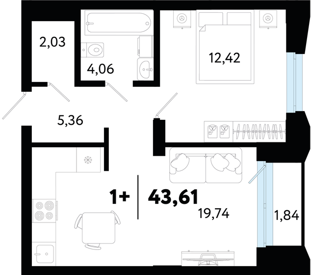 43,6 м², 1-комнатная квартира 5 390 000 ₽ - изображение 1