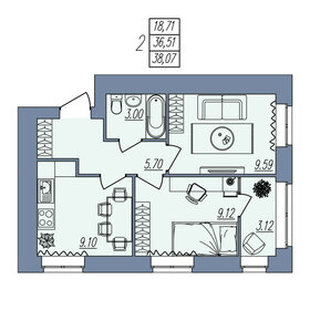 Квартира 38,1 м², 2-комнатная - изображение 1