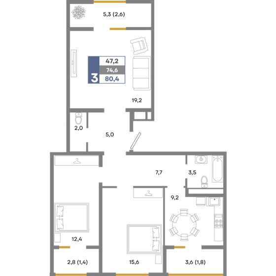 80,4 м², 3-комнатная квартира 9 246 000 ₽ - изображение 1