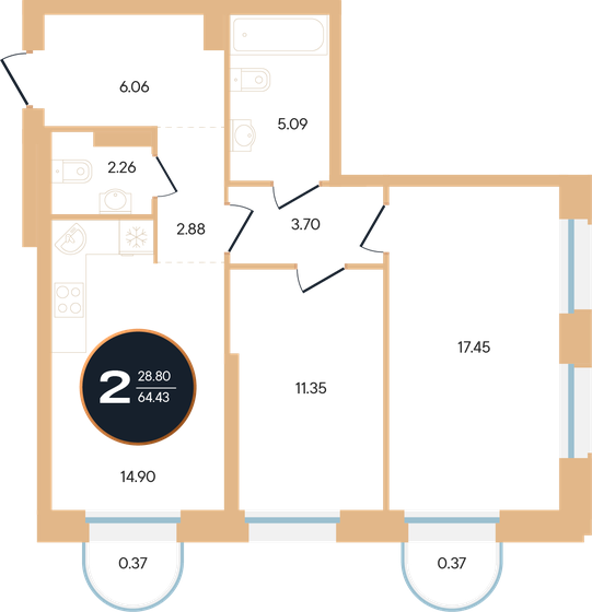 64,4 м², 2-комнатная квартира 15 012 190 ₽ - изображение 1