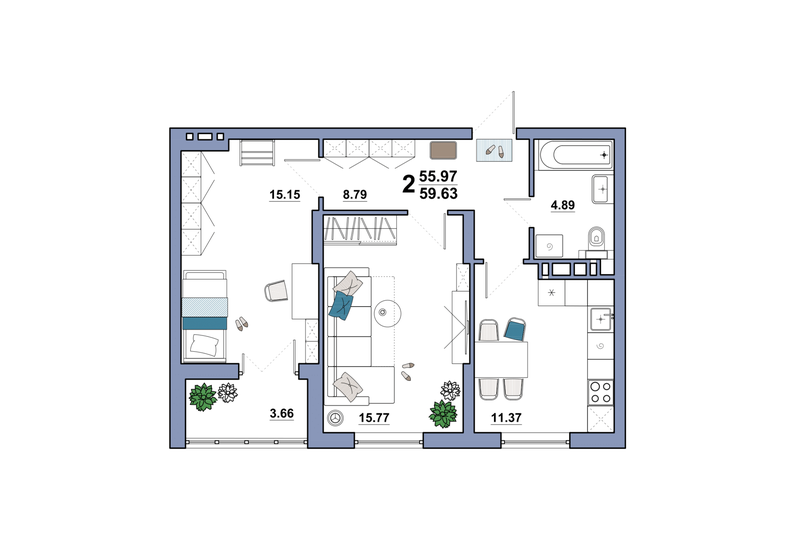 59,6 м², 2-комнатная квартира 5 018 920 ₽ - изображение 1