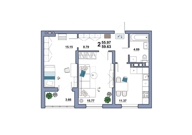 59,6 м², 2-комнатная квартира 5 018 920 ₽ - изображение 49