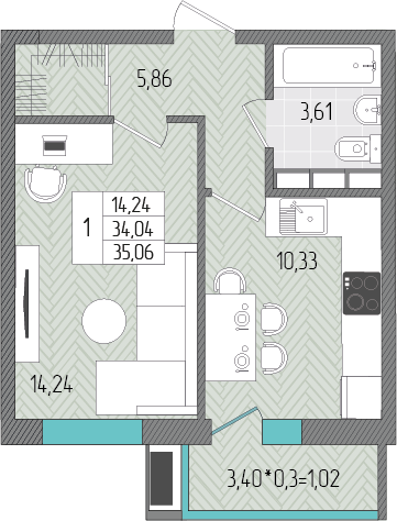 35,1 м², 1-комнатная квартира 4 277 322 ₽ - изображение 1