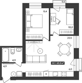 Квартира 63,3 м², 2-комнатная - изображение 1