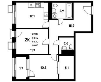 Квартира 61,8 м², 2-комнатная - изображение 1