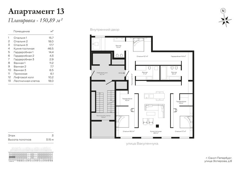 150,9 м², 2-комнатные апартаменты 122 220 896 ₽ - изображение 1