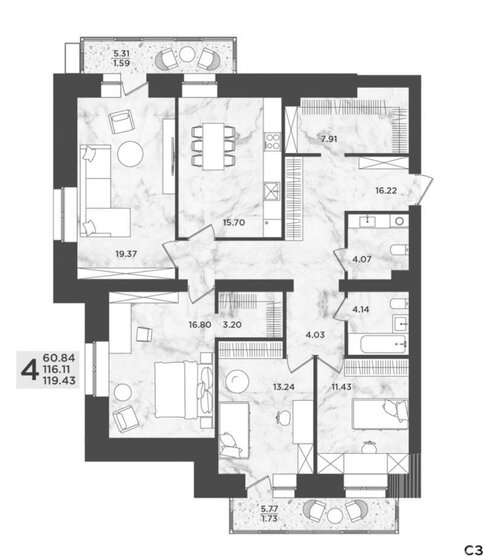 119,4 м², 4-комнатная квартира 12 847 390 ₽ - изображение 1