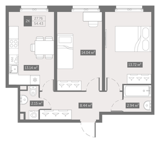 Квартира 54,4 м², 2-комнатные - изображение 1