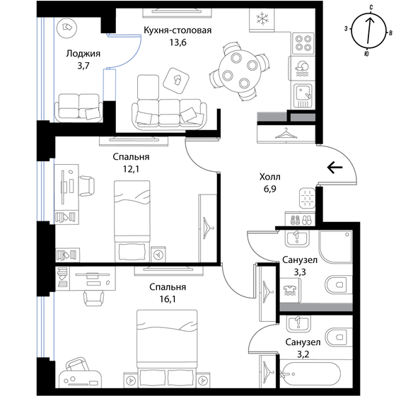 57,1 м², 3-комнатная квартира 9 998 210 ₽ - изображение 1